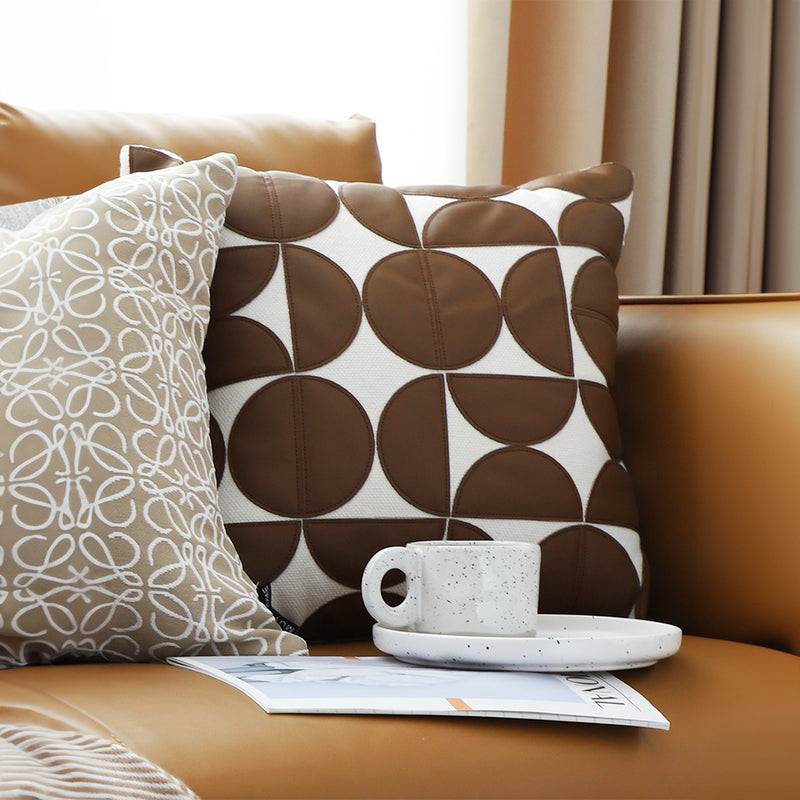Brown Faux Leather Square Throw Pillow 45cm Half Moon Patchwork