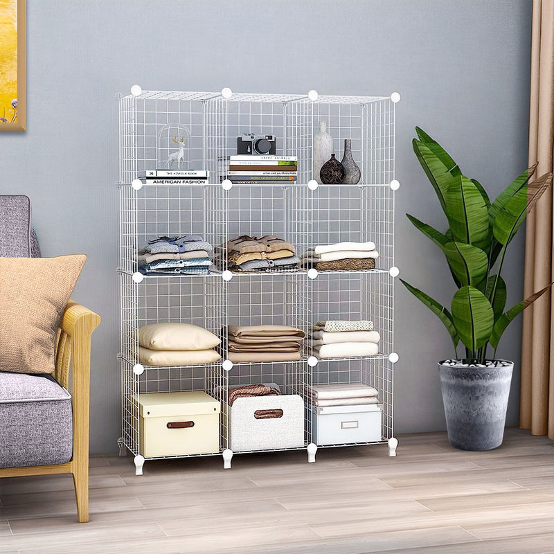 White Portable 12 Cube 3 Column Iron Wire Mesh Storage Organizer 110x37x113cm