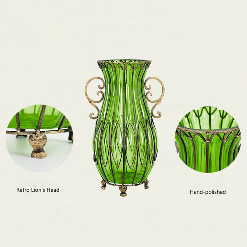 51cm Tall Green Glass Floor Vase Gold Metal Accents 12pcs Artificial Flowers