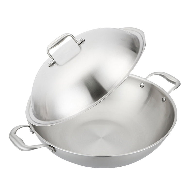 2X 38cm 18/10 Stainless Steel 3 Ply Wok Double Handle With Lid Induction Ready