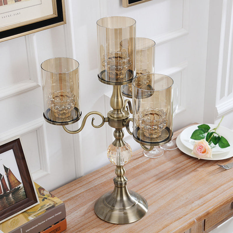 58cm 4-Slots Iron Glass Candlestick Candle Holder Bronze Home Decor Centerpiece