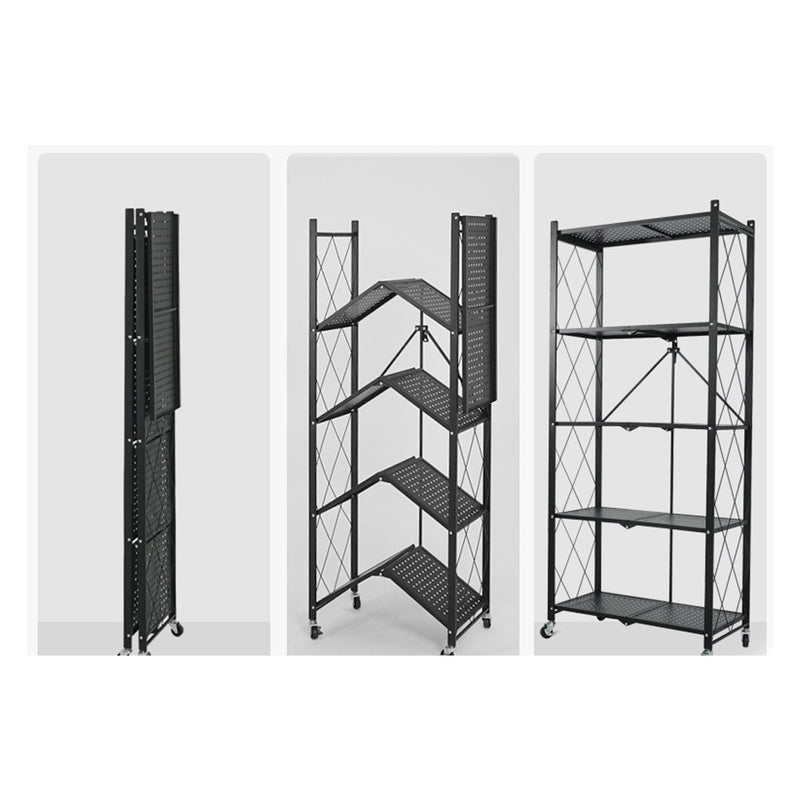 5 Tier Carbon Steel Black Foldable Kitchen Cart With Wheels Storage Shelves