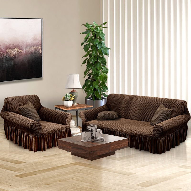 1 Seater Sofa Cover Polyester Stretch Ruffled Skirt Fits 90 To 140 Cm Coffee