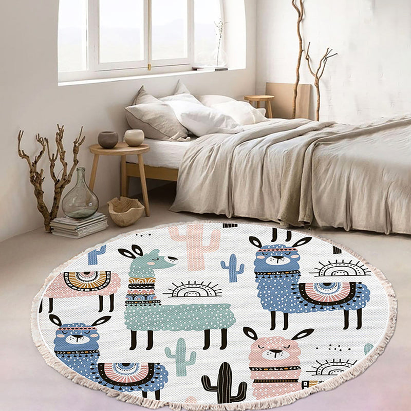 2X 120cm Round Polyester Area Rug Alpaca Cactus Pattern Colorful Non Slip