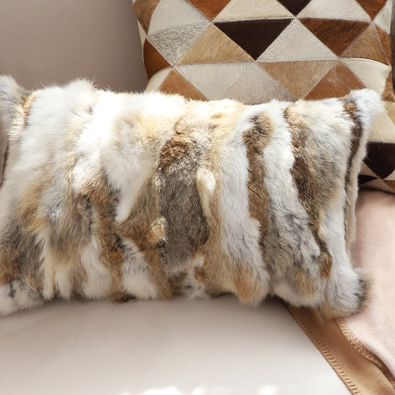 2X 30cm Coffee Rabbit Fur Lumbar Pillow Warm Cozy Decorative Cushion Home Decor