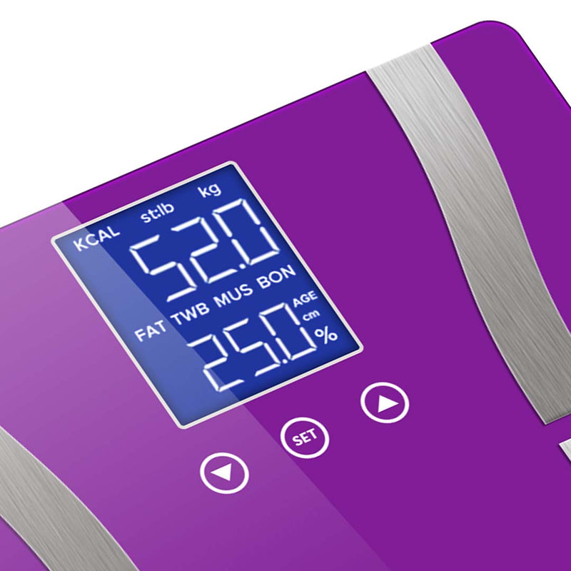 Glass Lcd Digital Body Fat Scale 180kg 8 User Strain Gauge Purple