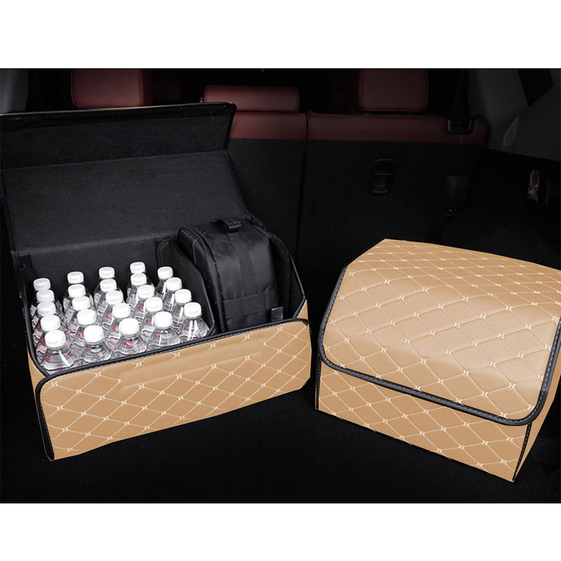 2X Leather Car Boot Organizer Foldable Storage Box Beige Gold Stitch Large