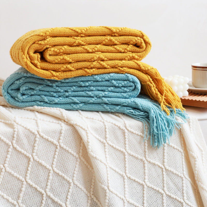 2X Knitted Throw Blanket 100% Acrylic 130cmx230cm Diamond Pattern Yellow Tassels