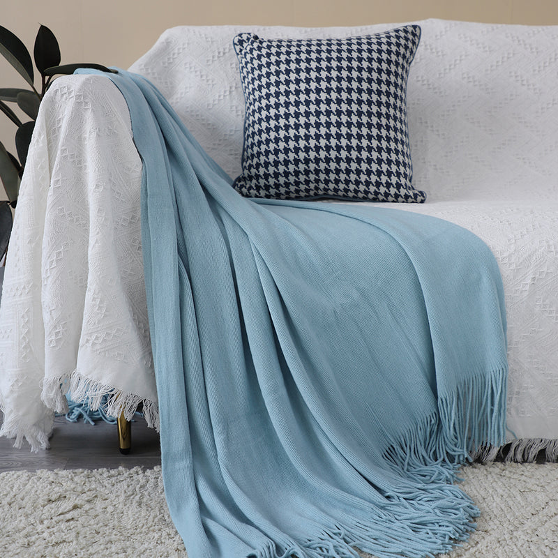 Sky Blue Acrylic Knitted Throw Blanket 130x220cm Fringed Cozy Home Decor