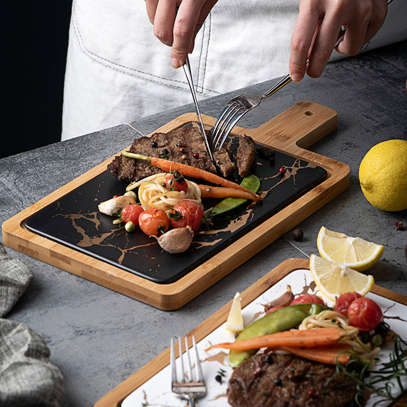 Wood Serving Tray Square 33.5cm Slate Insert Black Removable Center