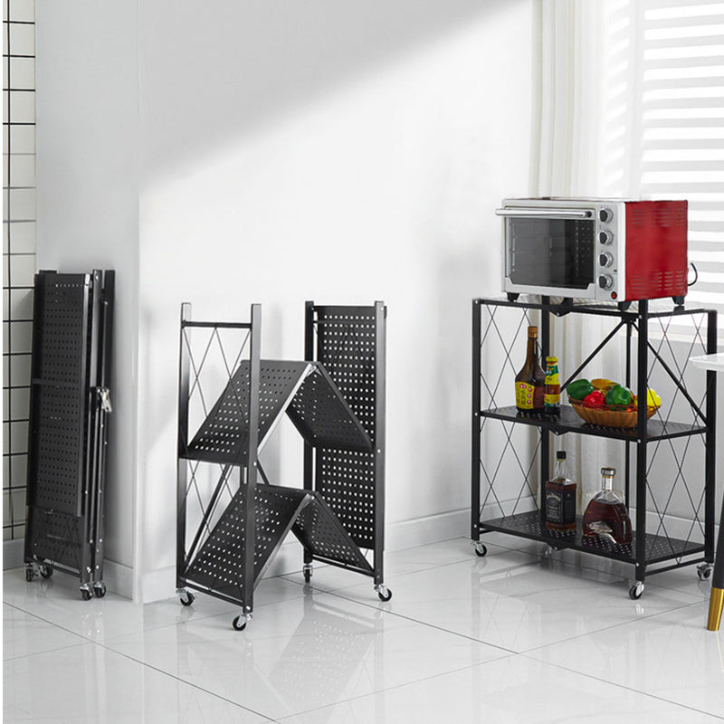3 Tier Carbon Steel Foldable Black Kitchen Cart Storage Shelves with Wheels