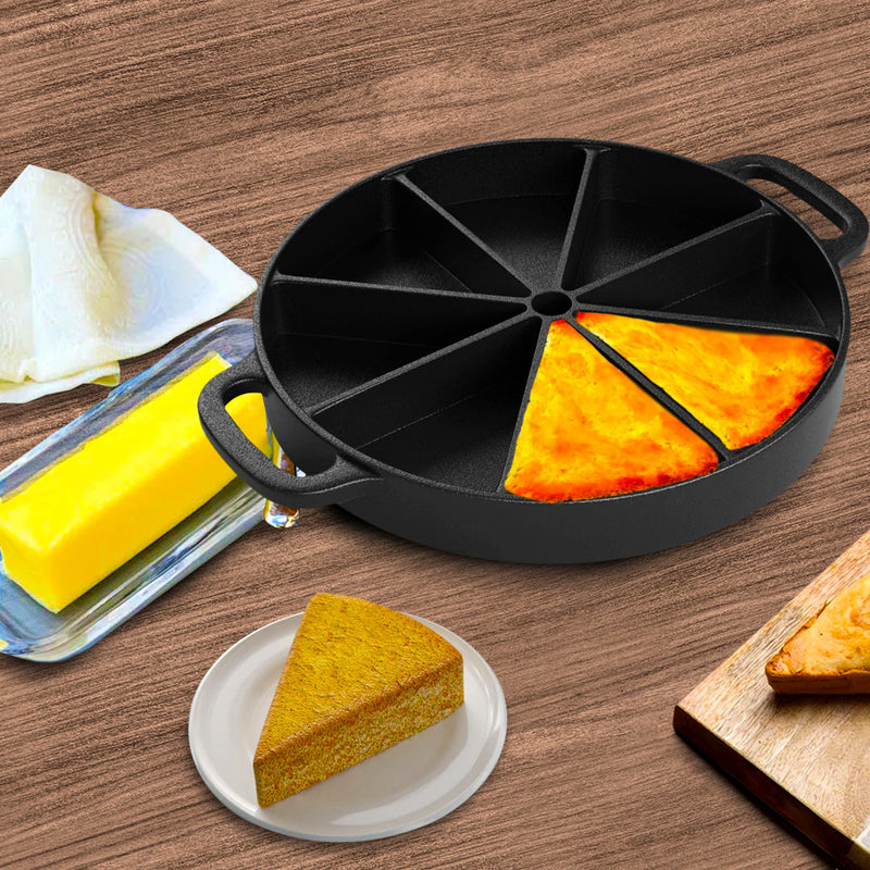 Round Cast Iron Baking Wedge Pan 21.5CM 8-Slice Non-Stick Black With Handle
