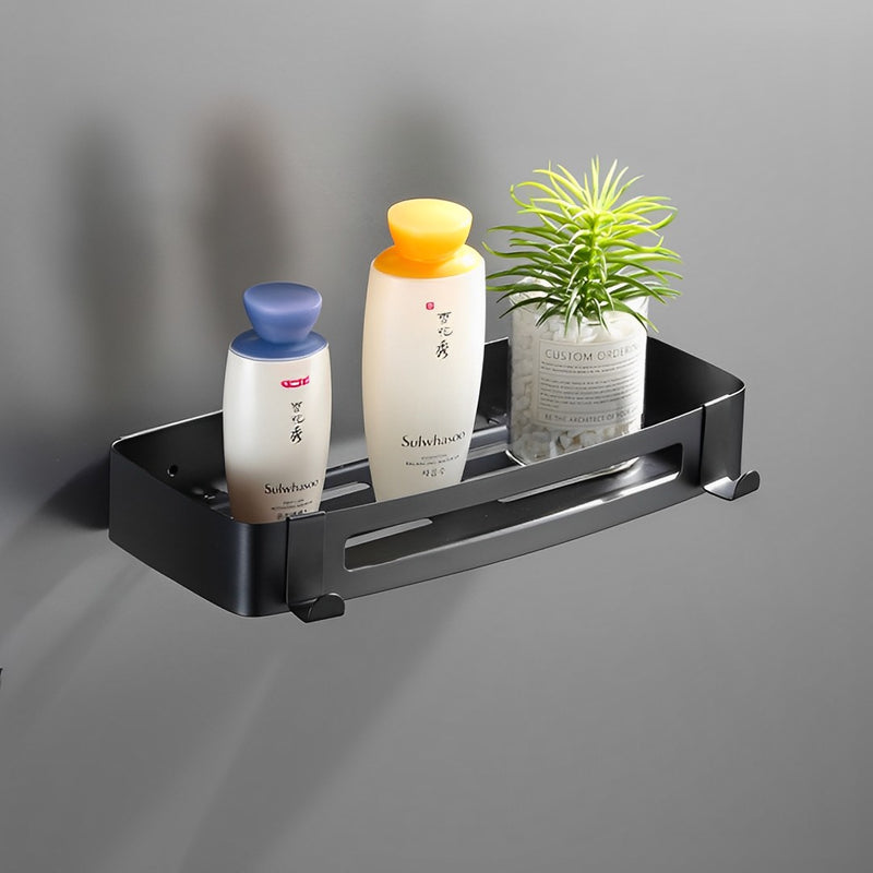 Wall Mounted Aluminum Adhesive Bathroom Shelf Rack With Hooks 33x15x6cm Black