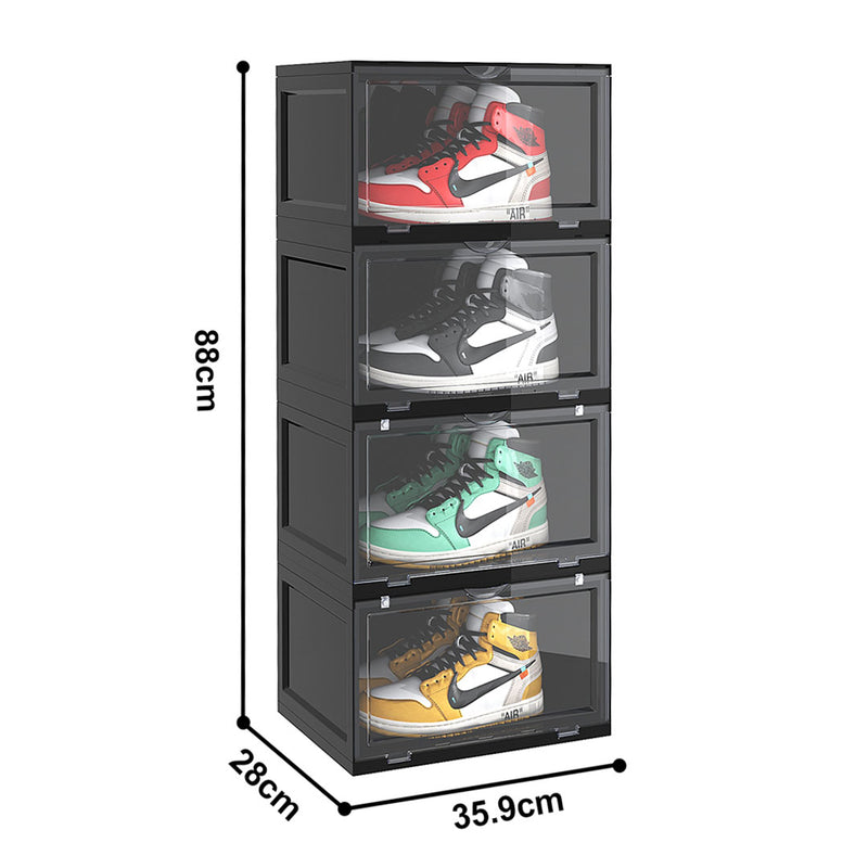 2X 4 Tier Shoe Organizer Black Plastic Stackable Storage Box with Magnetic Door