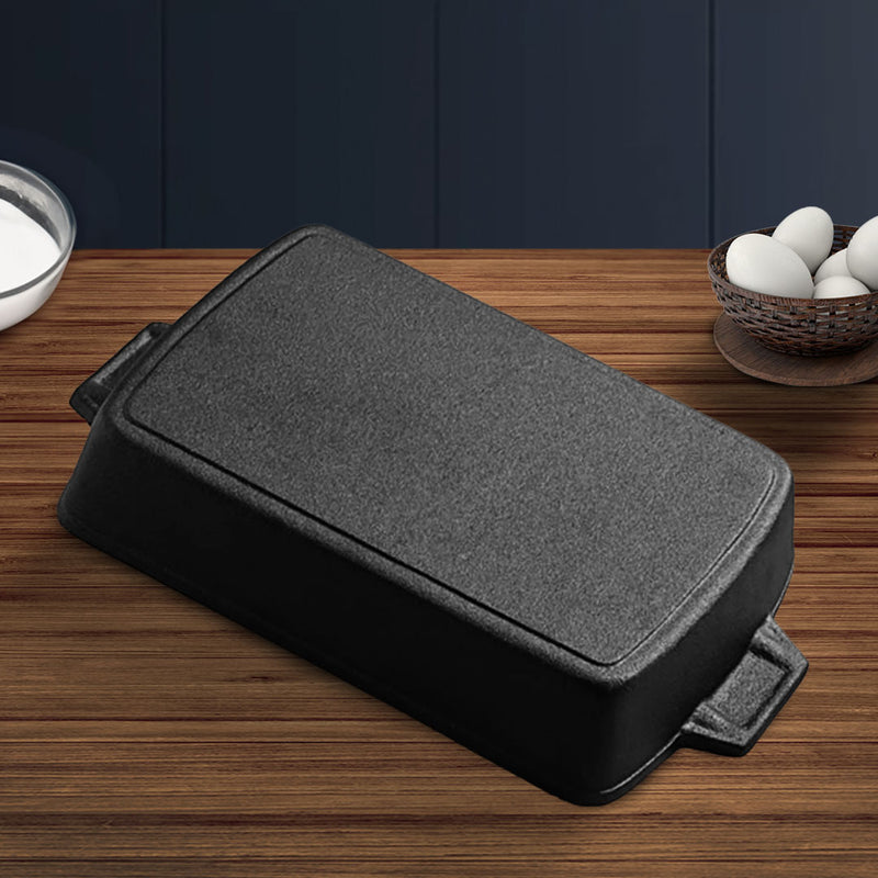 2X Cast Iron Baking Dish 33cm Rectangle Non-Stick Easy Clean Black Handles