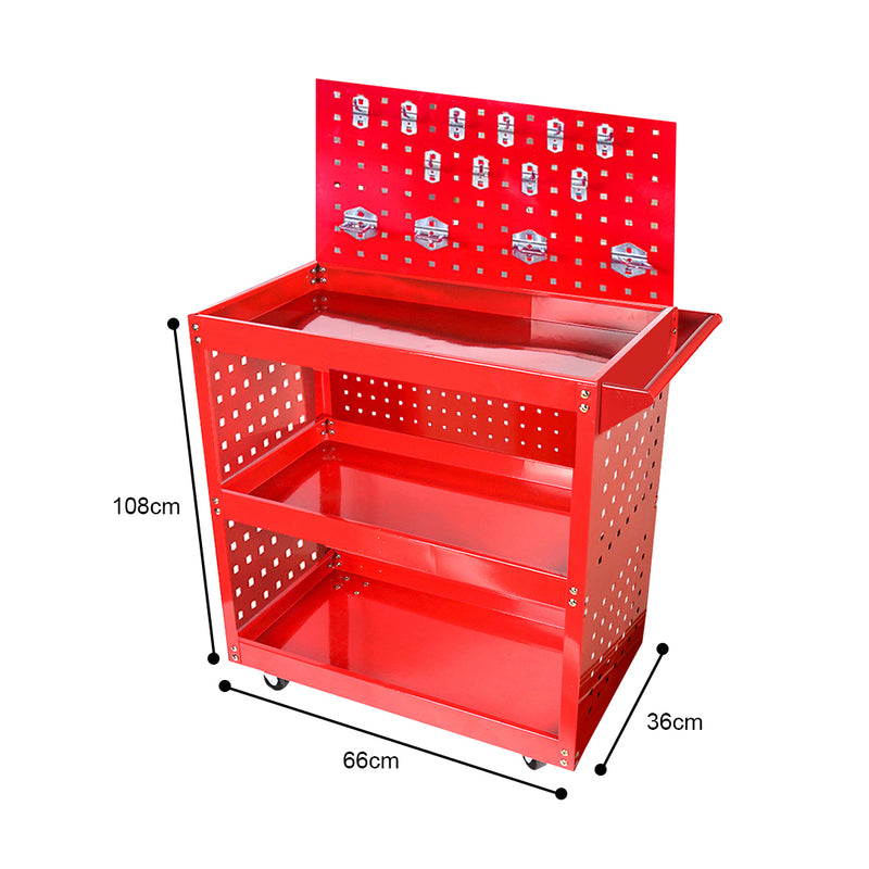 3 Tier Tool Cart Cold Rolled Steel 66x36x108cm 40kg Per Tier Red Porous Panels