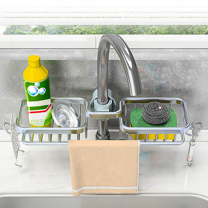 2X Faucet Sink Organizer Aluminum Soap Sponge Drainer 37.5x16x6.8cm Silver