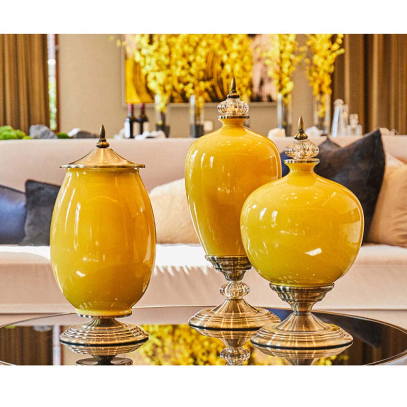 2X Ceramic Oval Flower Vase Gold Metal Base 40cm Yellow Decor Wedding Home