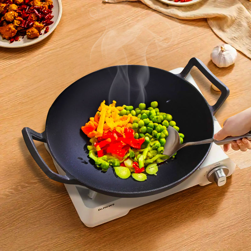 32cm Cast Iron Wok Frypan Double Handle With Lid Black Induction Oven Safe