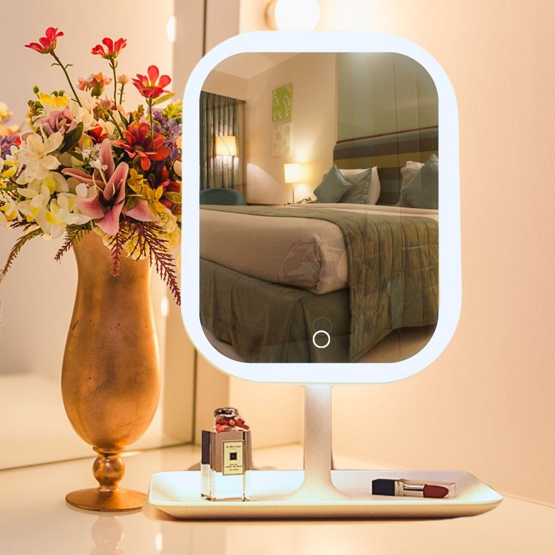 26cm White Square Led Makeup Vanity Mirror Tricolor Usb Powered 5x Magnification