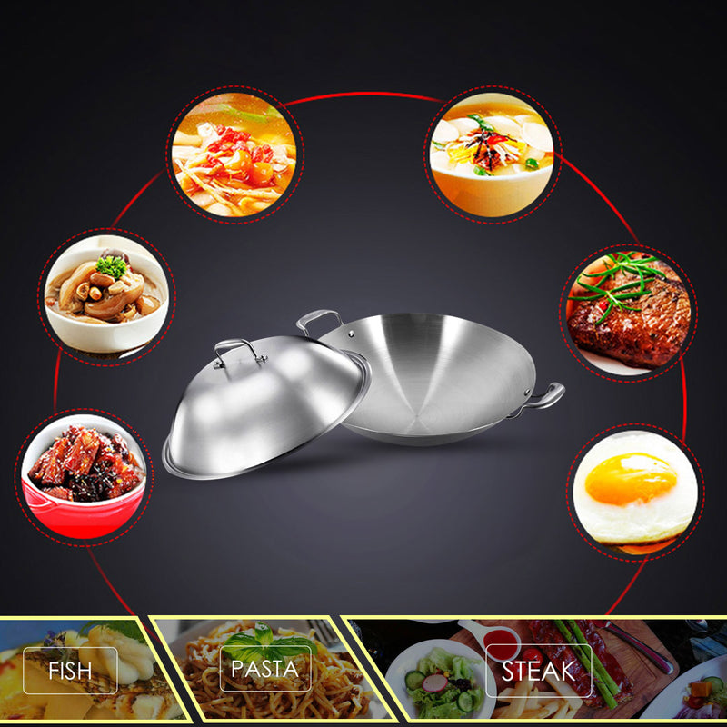Wok 42cm 3 Ply 18/10 Stainless Steel Double Handle With Lid Induction