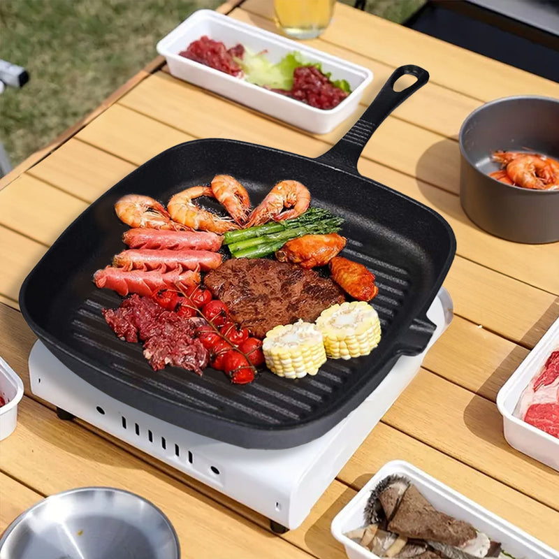 Square Ribbed Cast Iron Fry Pan Skillet 23.5cm Nonstick With Handle Black
