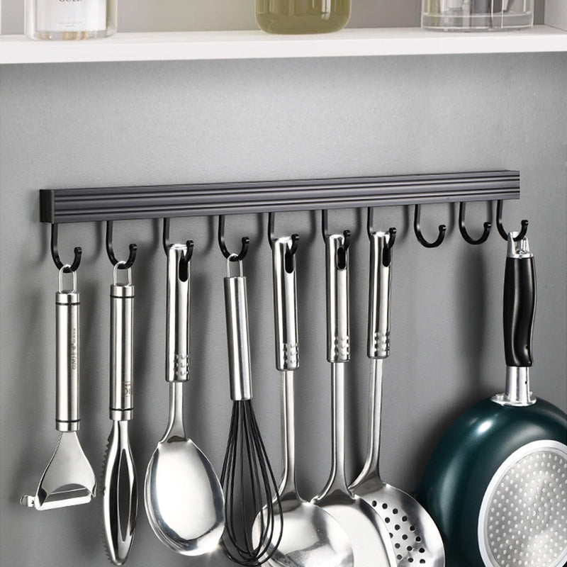 2X Wall Mount Kitchen Utensil Rack Aluminum 41cm Black Rust Proof Hooks