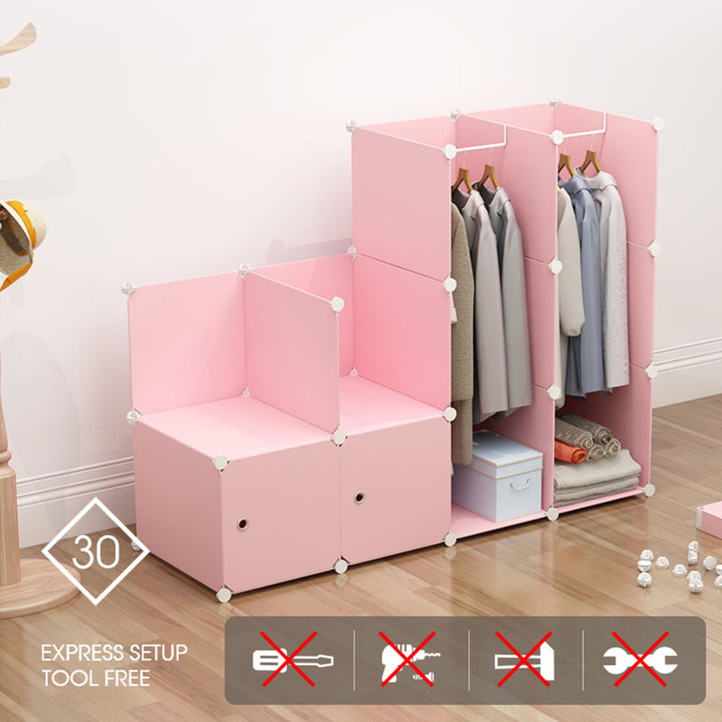 10 Cubes Portable Wardrobe Plastic Foldable 110.5x37x146cm Pink Princess Design