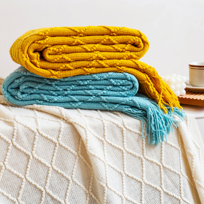 Knitted Acrylic Throw Blanket 130cmx230cm Diamond Jacquard Tassels Yellow