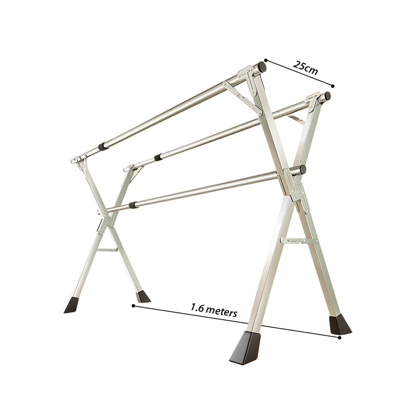 2X 1.6m Stainless Steel Foldable Clothes Drying Rack X Frame 60kg Silver 3 Poles
