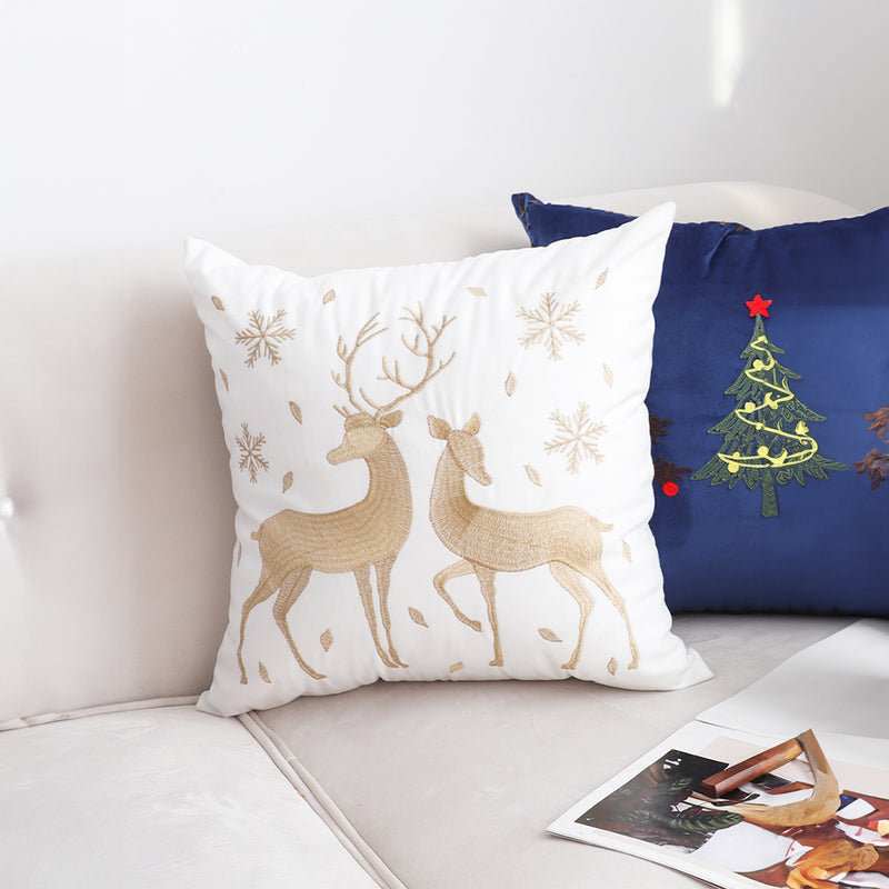 2X 45cm White Plush Throw Pillow Golden Reindeer Cozy Winter Christmas Decor