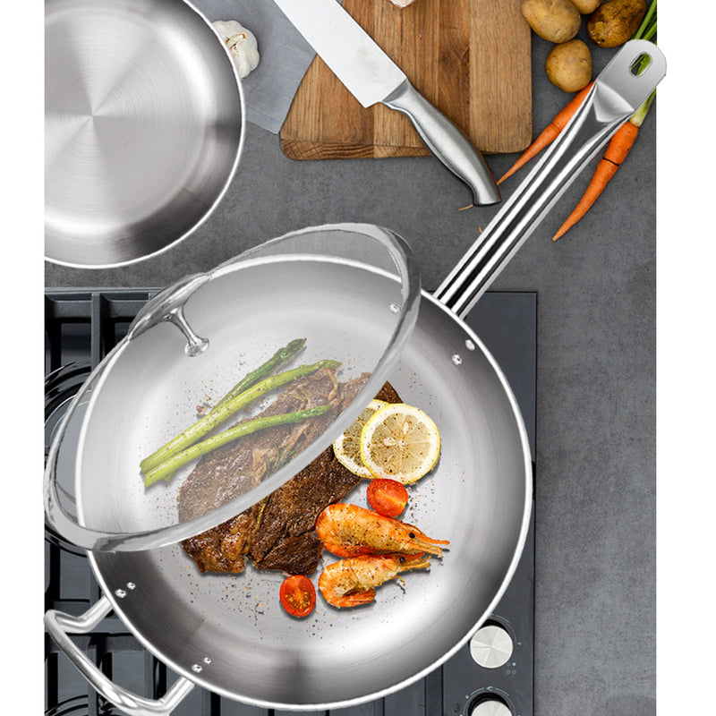2X 28cm Stainless Steel Saucepan Tri Ply Aluminum Core Glass Lid Helper Handle