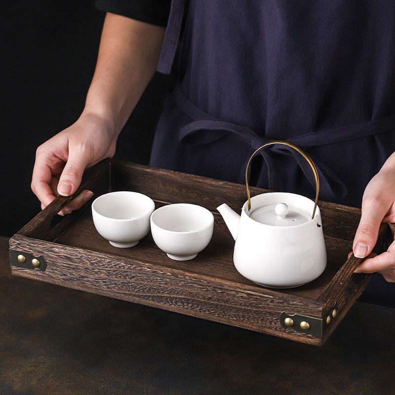 Small Walnut Brown Wood Rectangle Serving Tray Cutout Handles 32cm X 20cm X 4cm