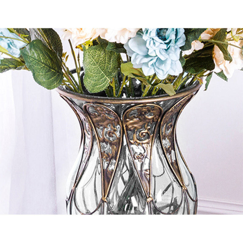 85cm Clear Glass Tall Floor Vase Gold Metal Base 12pcs White Artificial Flowers