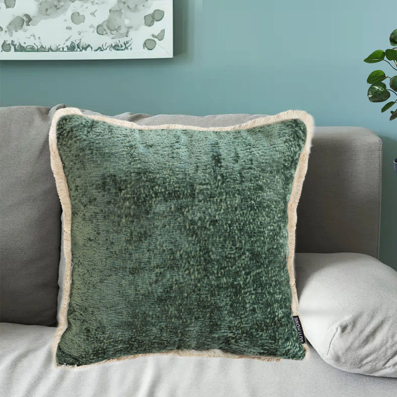 Throw Pillow 45x45cm Velvet Chenille Tassel Jade Green Plush