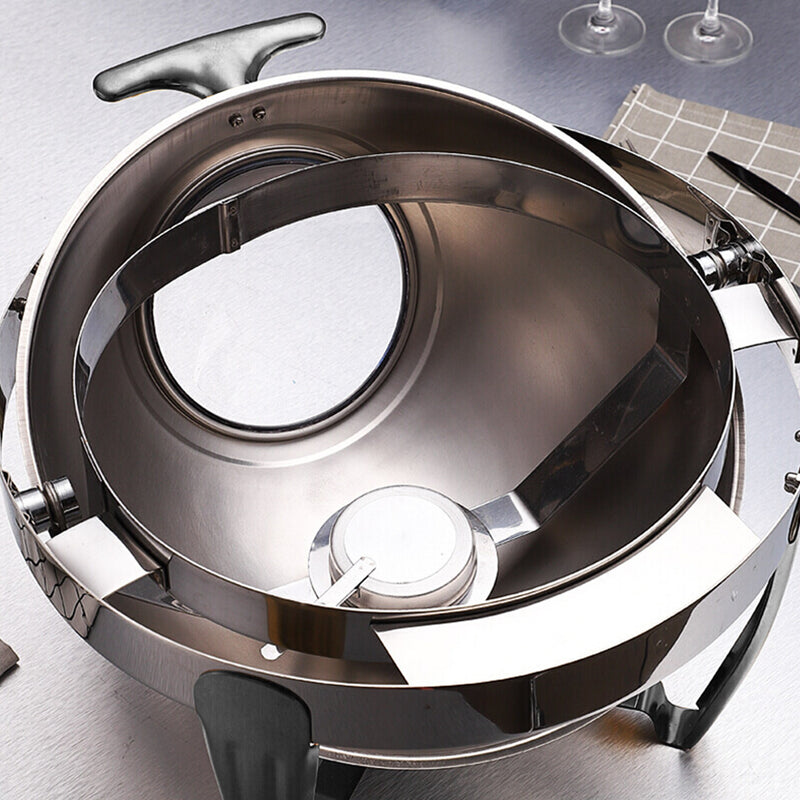 2X 6.5L Stainless Steel Round Roll Top Soup Tureen Chafing Dish Show Window Lid