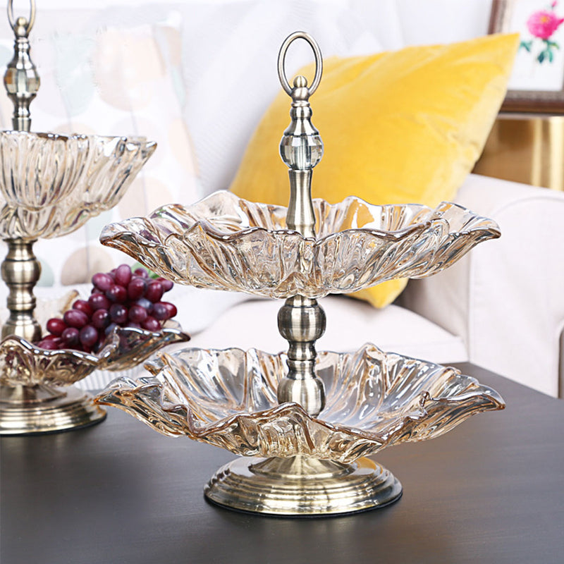 2 Tier Lotus Glass Iron Fruit Bowl 35cm X 57cm Translucent Bronze