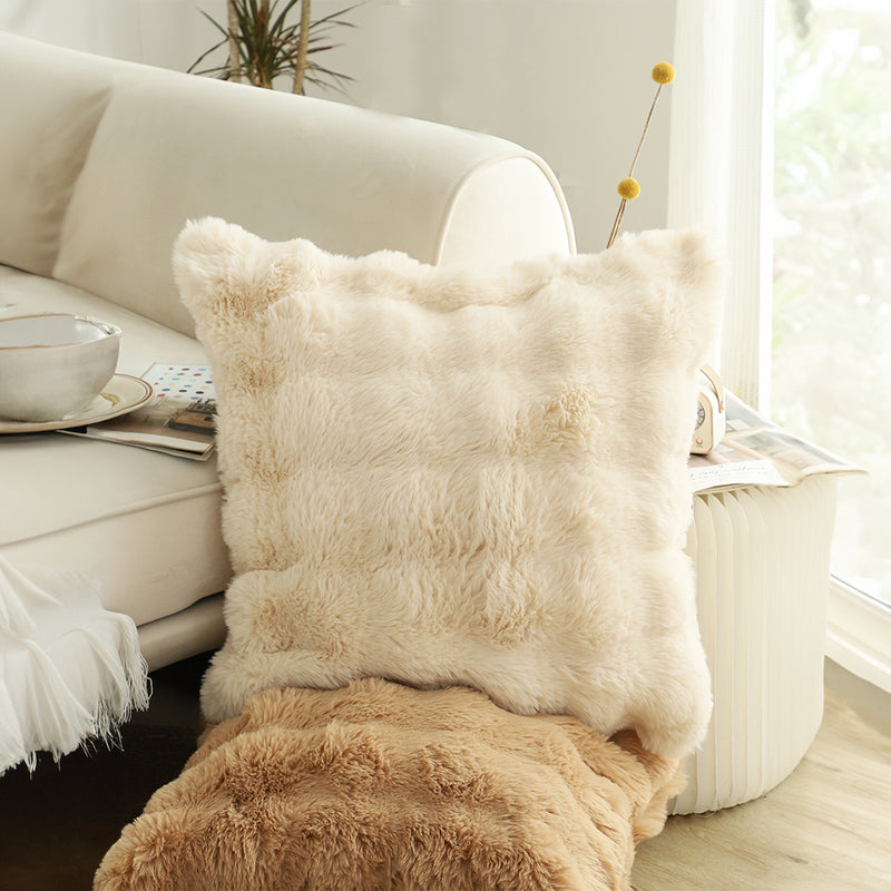 Polyester Throw Pillow 50cm Square Rabbit Motif Light Camel 14cm Thick
