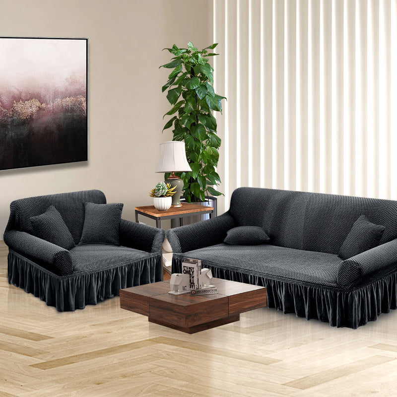 2-Seater Dark Grey Sofa Cover Polyester Ruffled Skirt Stretch Protector