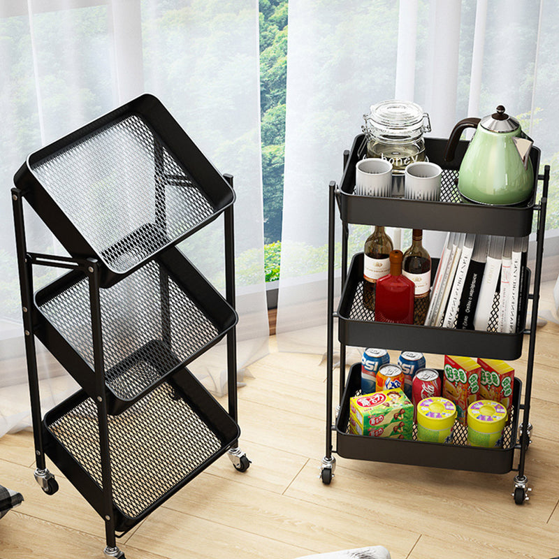 2X 3 Tier Carbon Steel Foldable Kitchen Cart 47cm X 29cm X 77cm Black Wheels