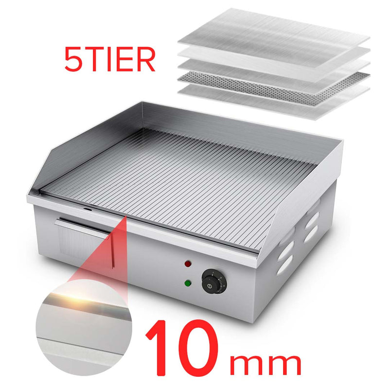 Commercial Electric Ribbed Griddle 2200W Stainless Steel BBQ Hot Plate 56x48x23cm