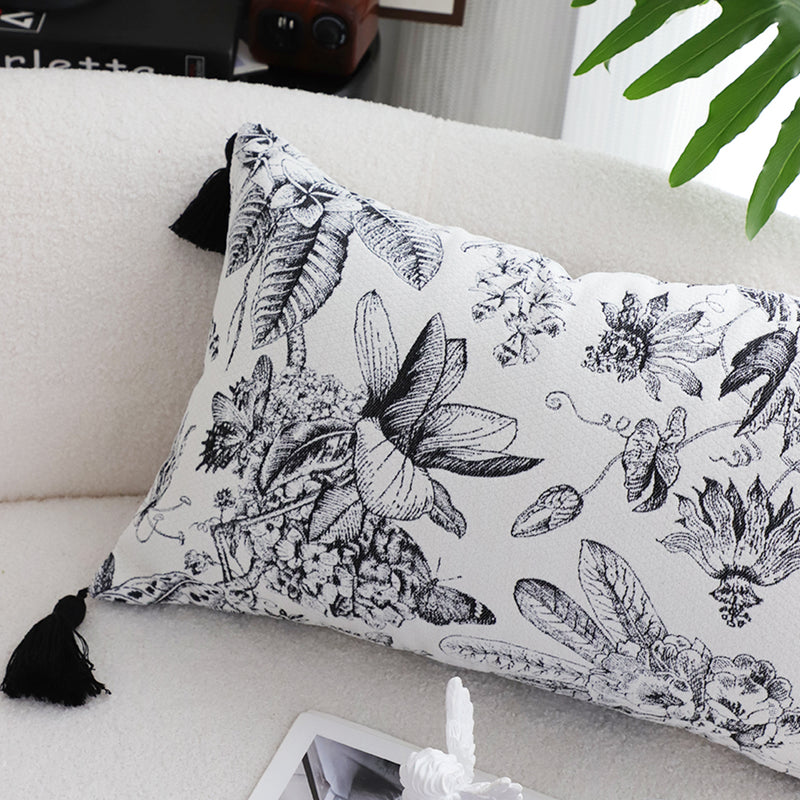 Throw Pillow Polyester Cotton 35x55x18cm Black And White Floral Tassel Accents