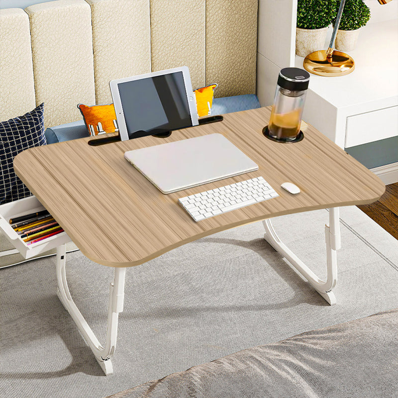 2X Oak Top Portable Bed Table Metal Frame 70x48cm Adjustable Foldable Cup Holder