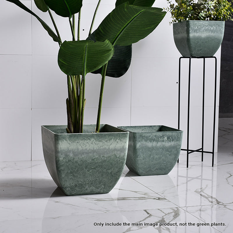 2X 32cm Green Grey Square Tapered PP Resin Planter Concrete Look Indoor