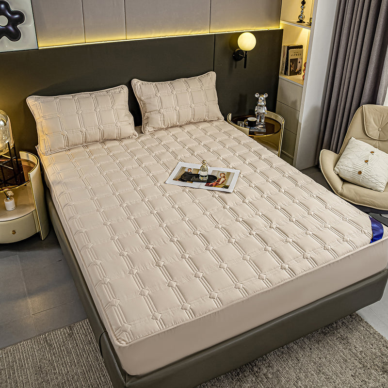 2X Beige Polyester Quilted Stretch Mattress Cover 203x183x40cm 4 Pillow Covers
