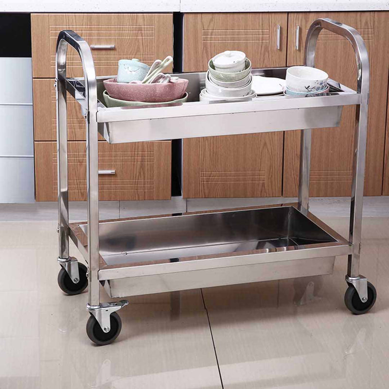 2 Tier Stainless Steel Food Cart 85x45x90cm Leak Proof Tray Locking Wheels