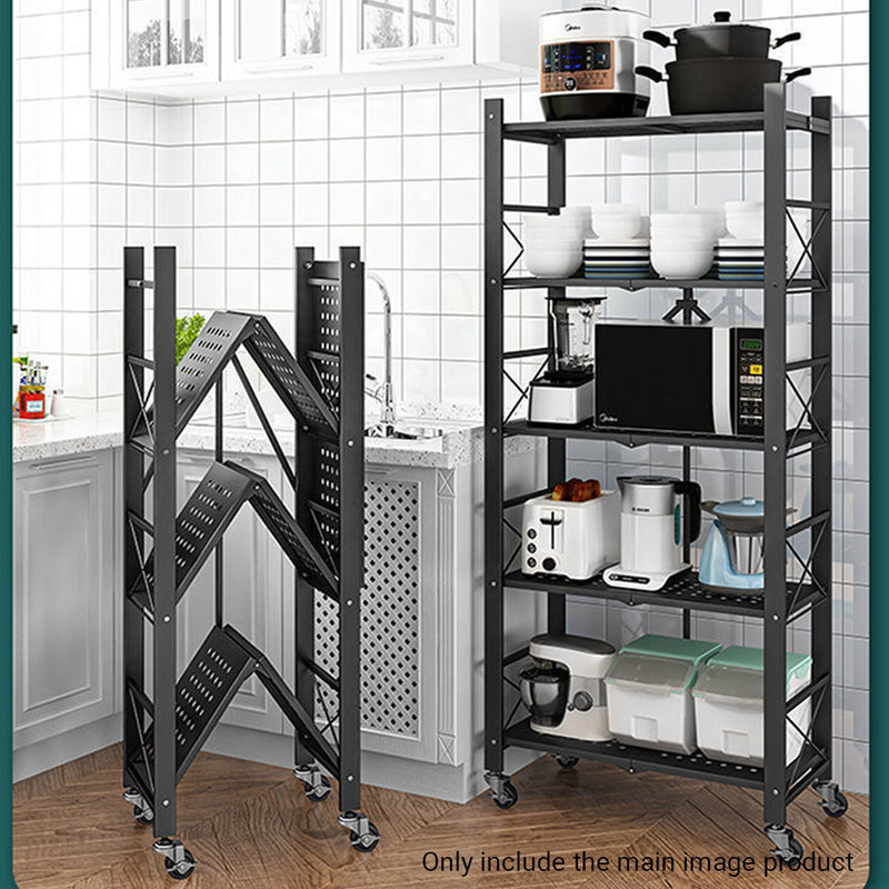 2X 5 Tier Carbon Steel Black Foldable Display Stand With Wheels For Storage