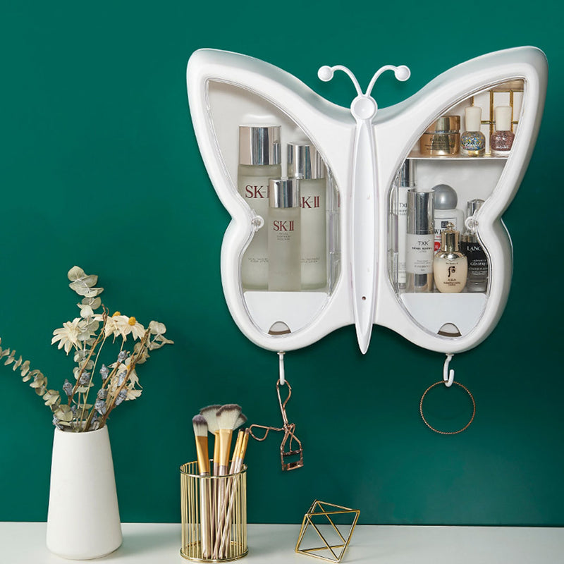 White Butterfly Wall Mounted Makeup Organizer Plastic Waterproof 42.5x11x36cm