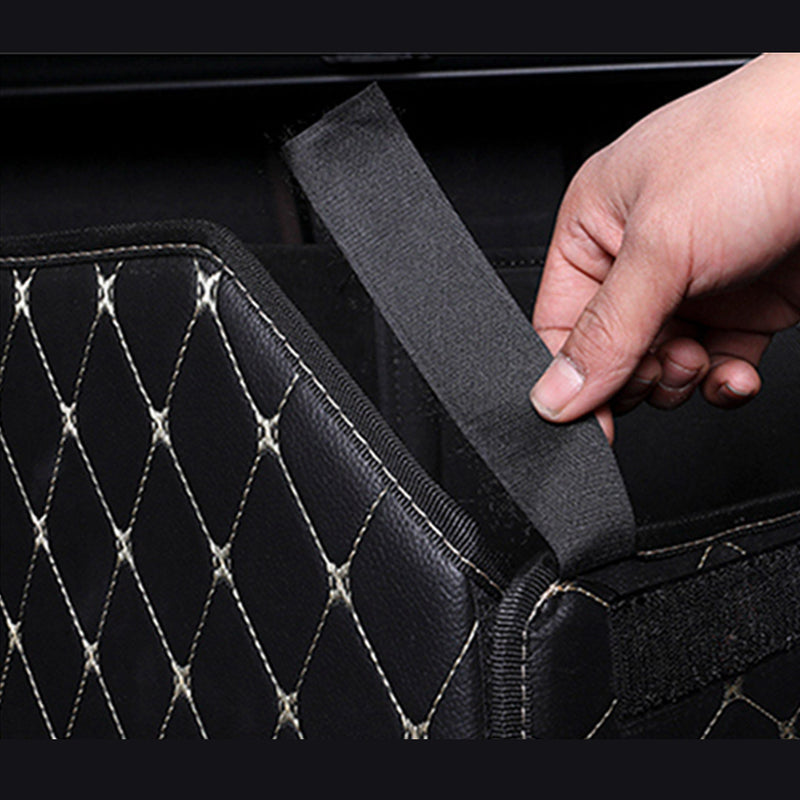 Leather Car Boot Organizer Box Foldable Collapsible Black Gold Stitch Medium