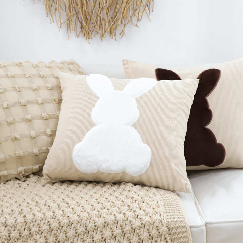 2X 45cm Polyester Throw Pillows Light Tan Square Soft White Rabbit Design